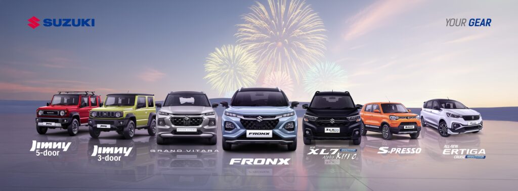 jenis tipe mobil suzuki : jimny 5doors, jimny 3doors, grand vitara, fronx, xl7 kuro, spresso, all new ertiga
